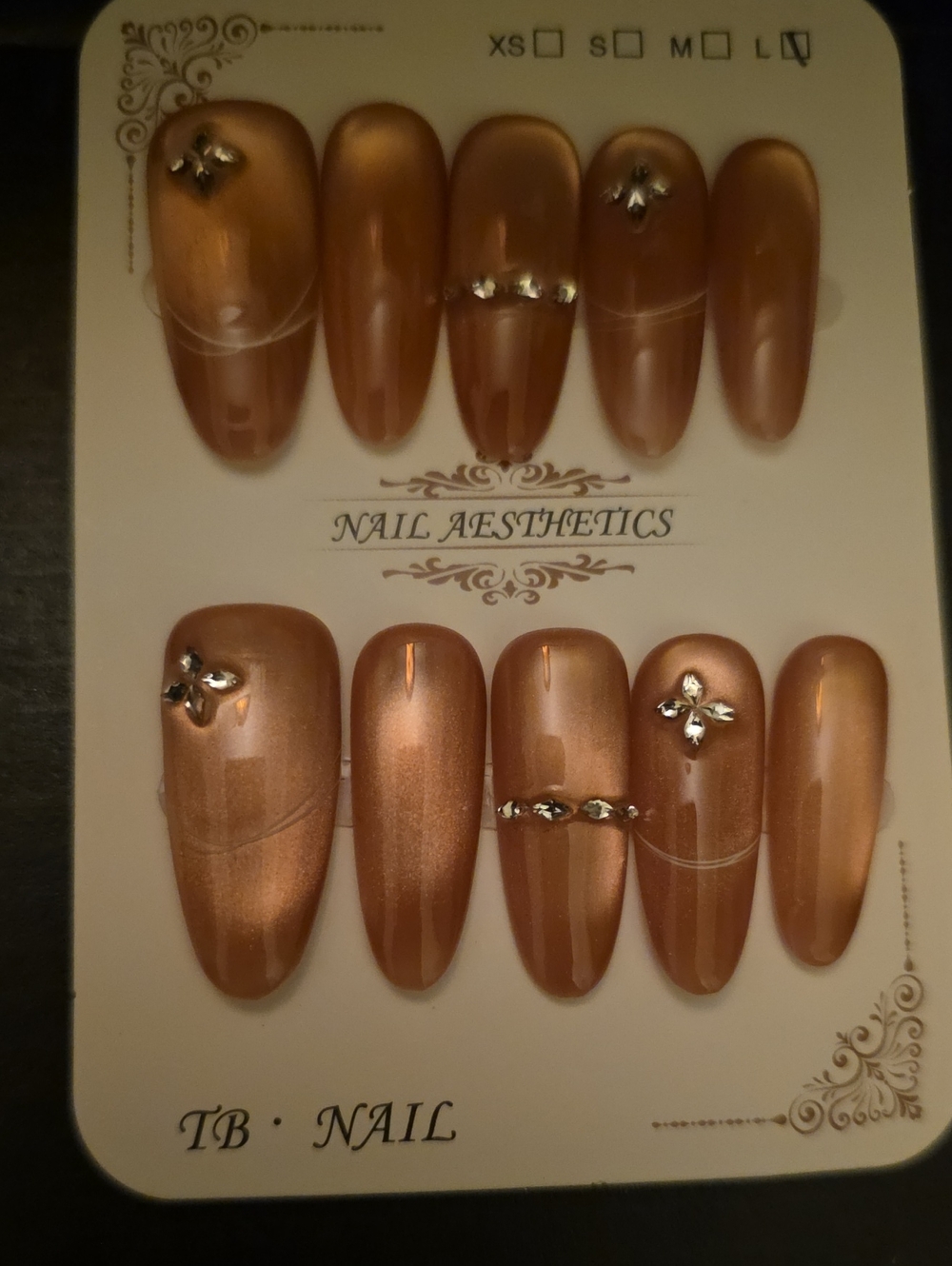 Press-On Nail Set – Shimmery Copper Brown with Rhinestone Accents Large